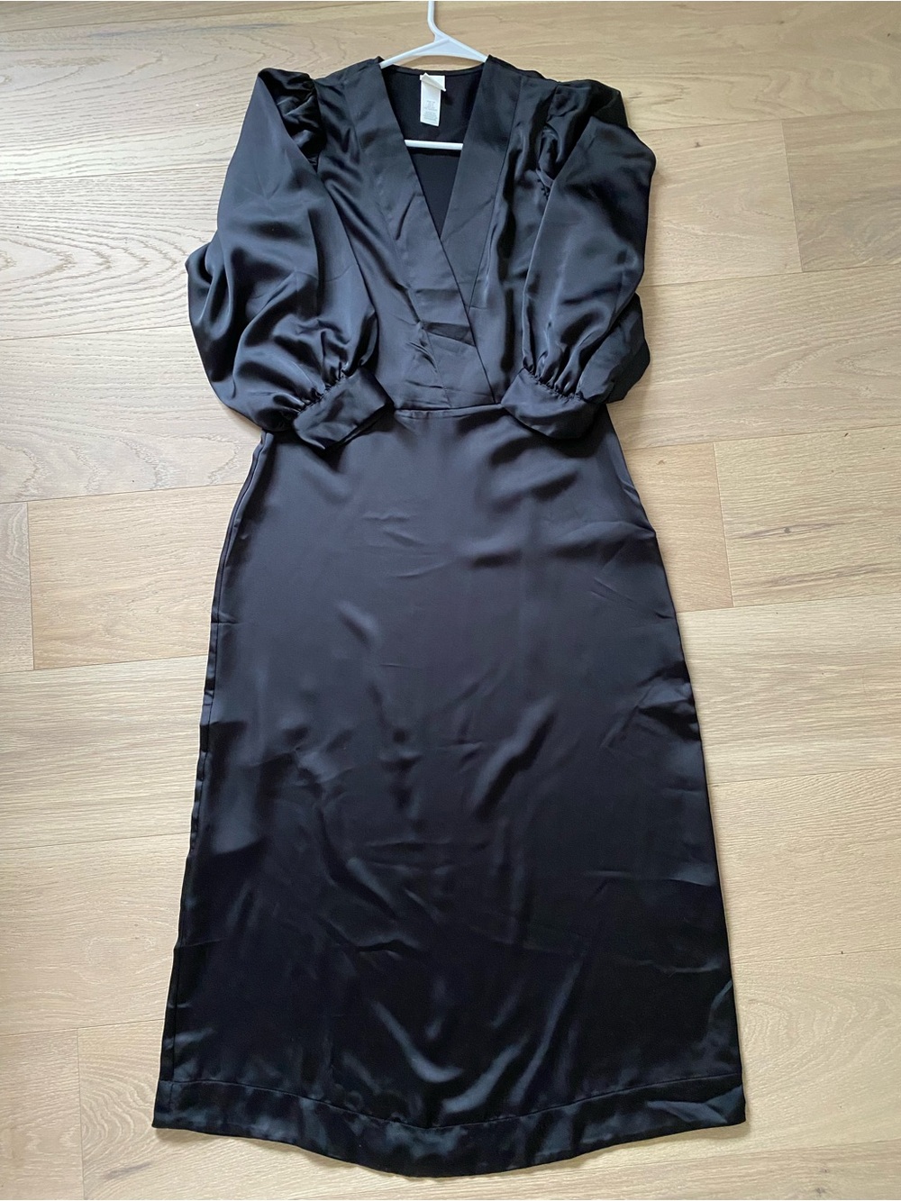 Satin Black V-Neck Puff Sleeve Midi Dress